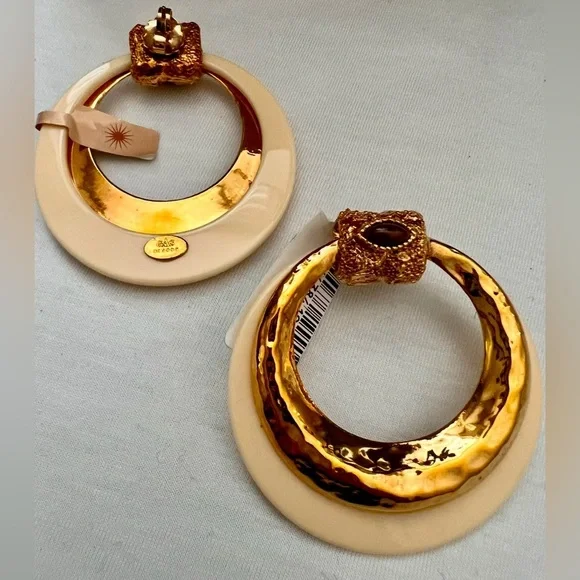 Gas Bijoux Authentic Meknes 24KGold Plated Hoop Earrings Marquise Glass Cabochon